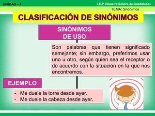 I.E.P «Nuestra Señora de Guadalupe»
SINÓNIMOS
DE USO
Son palabras que tienen significado
semejante; sin embargo, preferimos usar
uno u otro, según quien sea el receptor o
de acuerdo con la situación en la que nos
encontremos.
UNIDAD – I
TEMA: Sinónimos
EJEMPLO
- Me duele la torre desde ayer.
- Me duele la cabeza desde ayer.
 