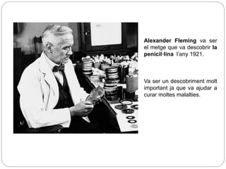 Alexander Fleming va ser
el metge que va descobrir la
penicil·lina l’any 1921.
Va ser un descobriment molt
important ja que va ajudar a
curar moltes malalties.
 