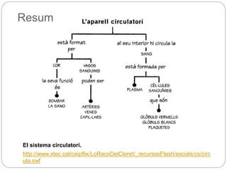 Resum
El sistema circulatori.
http://www.xtec.cat/ceipflix/LoRacoDelCloret/_recursosFlash/socials/cs/circ
ula.swf
 