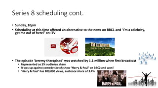 Series 8 scheduling cont.
• Sunday, 10pm
• Scheduling at this time offered an alternative to the news on BBC1 and ‘I’m a celebrity,
get me out of here!’ on ITV
• The episode ‘Jeremy therapised’ was watched by 1.1 million when first broadcast
• Represented as 5% audience share
• It was up against comedy sketch show ‘Harry & Paul’ on BBC2 and won!
• ‘Harry & Paul’ has 800,000 views, audience share of 3.4%
 