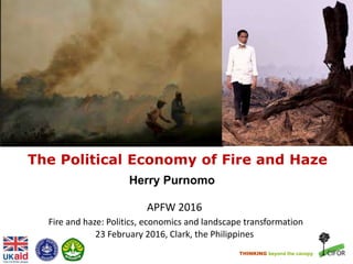 THINKING beyond the canopy
The Political Economy of Fire and Haze
Herry Purnomo
APFW 2016
Fire and haze: Politics, economics and landscape transformation
23 February 2016, Clark, the Philippines
 