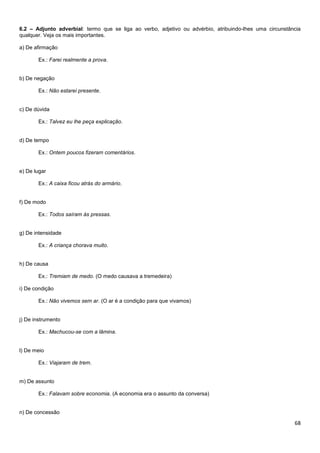 6.2 – Adjunto adverbial: termo que se liga ao verbo, adjetivo ou advérbio, atribuindo-lhes uma circunstância
qualquer. Veja os mais importantes.
a) De afirmação
Ex.: Farei realmente a prova.

b) De negação
Ex.: Não estarei presente.

c) De dúvida
Ex.: Talvez eu lhe peça explicação.

d) De tempo
Ex.: Ontem poucos fizeram comentários.

e) De lugar
Ex.: A caixa ficou atrás do armário.

f) De modo
Ex.: Todos saíram às pressas.

g) De intensidade
Ex.: A criança chorava muito.

h) De causa
Ex.: Tremiam de medo. (O medo causava a tremedeira)
i) De condição
Ex.: Não vivemos sem ar. (O ar é a condição para que vivamos)

j) De instrumento
Ex.: Machucou-se com a lâmina.

l) De meio
Ex.: Viajaram de trem.

m) De assunto
Ex.: Falavam sobre economia. (A economia era o assunto da conversa)

n) De concessão

68

 