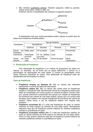 •

São variáveis qualitativas ordinais: Tamanho (pequeno, médio ou grande),
Classe social (baixa, média ou alta), etc.
Podemos resumir a classificação das variáveis no seguinte esquema:

Nominal
Qualitativa
Ordinal
Variável

Discreta
Quantitativa
Contínua

É interessante notar que muitas populações podem originar os quatro tipos de
dados como ilustramos na tabela abaixo.
Tipo de variáveis
Populações

Quantitativas
Contínua

Alunos
de Idade, peso
Estatística
Automóveis Velocidade
em km/h
Venda
de Valor
em
Imóveis
reais

Discreta
Nº na classe

Qualitativas
Nominal
sexo

Nº de defeitos cores
por carro
Nº de ofertas
Acima do preço

Ordinal
Por período
limpeza
Muito
dispendioso

3- Distribuição de Freqüência

Uma distribuição de freqüência é um método de grupamento de dados em
classes, ou intervalos, de tal forma que se possa determinar o número ou a
percentagem de observações em cada classe. O número ou percentagem numa
classe chama-se freqüência de classe. Uma distribuição de freqüência pode ser
apresentada sob forma gráfica ou tabular.
Tipos de freqüências

•
•

•

•

Freqüência simples ou absoluta (f): São os valores que realmente
representam o número de dados de cada classe.
Freqüência relativa (fr): São os valores das razões entre as freqüências
simples e a freqüência total. Normalmente calcula-se a freqüência relativa para
efeito de comparação com outros grupos ou conjunto de dados. Convém notar
que, quando estivermos comparando dois grupos com relação às freqüências
de ocorrência dos valores de uma dada variável, grupos com um número total
de dados maior tendem a ter maiores freqüências de ocorrência dos valores da
variável. Dessa forma, o uso de freqüência relativa vem resolver este
problema.
Freqüência acumulada (F): É o total das freqüências de todos os valores
inferiores ao limite superior do intervalo de uma dada classe. Normalmente
utilizamos esse tipo de freqüência quando tratamos de variáveis qualitativas
ordinais ou quantitativas em geral.
Freqüência acumulada relativa (Fr): É o total das freqüências relativas de
todos os valores inferiores ao limite superior do intervalo de uma dada classe.
Como no caso anterior utilizamos esse tipo de freqüência quando tratamos de
variáveis qualitativas ordinais ou quantitativas em geral.

17

 