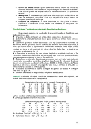 •

•
•

Gráfico de barras: Utiliza o plano cartesiano com os valores da variável no
eixo das abscissas e as freqüências ou porcentagens no eixo das ordenadas.
Esse tipo de gráfico se adapta melhor às variáveis discretas ou qualitativas
ordinais.
Histograma: É a representação gráfica de uma distribuição de freqüência por
meio de retângulos justapostos. Esse tipo de gráfico se adapta melhor às
variáveis quantitativas contínuas.
Polígono de freqüência: É uma alternativa ao histograma construído
mediante a conexão dos pontos médios dos intervalos do histograma com
linhas retas.

Distribuição de Freqüência para Variáveis Quantitativas Contínuas

Os principais estágios na construção de uma distribuição de freqüência para
dados contínuos são:
1 – Organizar os dados brutos em um rol de ordem crescente ou decrescente.
2 – Determinar a amplitude total dos dados que é a diferença entre o maior e menor
dos dados.
3 – Determinar quanto ao número de classes a usar (k). É aconselhável usar entre 5 e
15 classes. Menos que cinco classes pode ocultar detalhes importantes dos dados, e
mais que quinze torna a apresentação demasiado detalhada. Uma regra prática
consiste em tomar a raiz quadrada do número total de dados ( n ) e ajustá-la, se
necessário, aos limites de 5 a 15.
4 – Determinar a amplitude de cada classe dividindo a amplitude total por k. Se
necessário o valor encontrado deve ser aproximado para cima com o mesmo número
ou mais casas decimais que os valores das variáveis.
5 – Estabelecer os intervalos das classes começando com um inteiro logo abaixo do
menor valor observado e somando a amplitude das classes. Os intervalos de classe
devem ser escritos, de acordo com a Resolução 866/66 do IBGE em termos de “desta
quantidade até menos aquela”, empregando, para isso, o símbolo ├ (inclusão por
limite inferior e exclusão do limite superior).
6 – Relacionar os intervalos e fazer a contagem dos pontos por classe. A contagem
total deve ser igual a n.
7 – construir uma tabela de freqüência ou um gráfico de freqüência.
Exemplo: Considere os dados brutos que representam a safra, em alqueires, por
árvore, para um conjunto de 40 pessegueiros.

Safra atual em (alqueire/ árvore) para 40 Pessegueiros
11,1
12,5
32,4
7,8
21,0
16,4
11,2
22,3
4,4
6,1
27,5
32,8
18,5
16,4
15,1
6,0
10,7
15,8
25,0
18,2
12,2
12,6
4,7
23,5
14,8
22,6
16,0
19,1
7,4
9,2
10,0
26,2
3,5
16,2
14,5
3,2
8,1
12,9
19,1
13,7
Vamos construir uma tabela para representar esses dados:
1- Construção do Rol em ordem crescente
Safra atual em (alqueire/ árvore) para 40 Pessegueiros
3,2
3,5
4,4
4,7
6
6,1
7,4
7,8
8,1
9,2
10,0
10,7
11,1
11,2
12,2
12,5
12,6
12,9
13,7
14,5
14,8
15,1
15,8
16,0
16,2
16,4
16,4
18,2
18,5
19,1
19,1
21,0
22,3
22,6
23,5
25,0
26,2
27,5
32,4
32,8
2 – Amplitude Total (AT) = 32,8 – 3,2 = 29,6
3 – Número de classes ( K ) =

40 = 6,32 ≈ 6

19

 