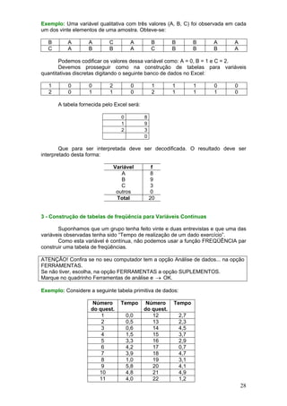 Exemplo: Uma variável qualitativa com três valores (A, B, C) foi observada em cada
um dos vinte elementos de uma amostra. Obteve-se:

B
C

A
A

A
B

C
B

A
A

B
C

B
B

B
B

A
B

A
A

Podemos codificar os valores dessa variável como: A = 0, B = 1 e C = 2.
Devemos prosseguir como na construção de tabelas para variáveis
quantitativas discretas digitando o seguinte banco de dados no Excel:
1
2

0
0

0
1

2
1

0
0

1
2

1
1

1
1

0
1

0
0

A tabela fornecida pelo Excel será:
0
1
2

8
9
3
0

Que para ser interpretada deve ser decodificada. O resultado deve ser
interpretado desta forma:
Variável
A
B
C
outros
Total

f
8
9
3
0
20

3 - Construção de tabelas de freqüência para Variáveis Contínuas

Suponhamos que um grupo tenha feito vinte e duas entrevistas e que uma das
variáveis observadas tenha sido “Tempo de realização de um dado exercício”.
Como esta variável é contínua, não podemos usar a função FREQÜÊNCIA par
construir uma tabela de freqüências.
ATENÇÃO! Confira se no seu computador tem a opção Análise de dados... na opção
FERRAMENTAS.
Se não tiver, escolha, na opção FERRAMENTAS a opção SUPLEMENTOS.
Marque no quadrinho Ferramentas de análise e → OK.
Exemplo: Considere a seguinte tabela primitiva de dados:
Número
do quest.
1
2
3
4
5
6
7
8
9
10
11

Tempo

0,0
0,5
0,6
1,5
3,3
4,2
3,9
1,0
5,8
4,8
4,0

Número
do quest.
12
13
14
15
16
17
18
19
20
21
22

Tempo

2,7
2,3
4,5
3,7
2,9
0,7
4,7
3,1
4,1
4,9
1,2

28

 