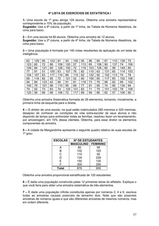 4ª LISTA DE EXERCÍCIOS DE ESTATÍSTICA I
1- Uma escola de 1º grau abriga 124 alunos. Obtenha uma amostra representativa
correspondente a 15% da população.
Sugestão: Use a 8ª coluna, a partir da 1ª linha, da Tabela de Números Aleatórios, de
cima para baixo.
2 – Em uma escola há 80 alunos. Obtenha uma amostra de 12 alunos.
Sugestão: Use a 2ª coluna, a partir da 4ª linha, da Tabela de Números Aleatórios, de
cima para baixo.
3 – Uma população é formada por 140 notas resultantes da aplicação de um teste de
inteligência:

62
123
109
77
104
69
94
100
79
125

129
60
84
91
107
116
84
79
92
56

95
72
121
51
63
82
123
101
73
86

123
86
60
100
117
95
42
98
83
98

81
108
128
63
116
72
90
110
74
106

93
120
100
107
86
121
91
95
125
72

105
57
72
76
115
52
81
69
101
117

95
113
119
82
62
80
116
77
82
89

96
65
103
110
122
100
73
91
71
99

80
108
128
63
92
85
79
95
75
86

87
90
80
131
102
117
98
74
101
82

110
137
99
65
113
85
82
90
102
57

139
74
149
114
74
102
69
134
78
106

75
106
85
103
78
106
102
94
108
90

Obtenha uma amostra Sistemática formada de 26 elementos, tomando, inicialmente, a
primeira linha da esquerda para a direita.
4 – O diretor de uma escola, na qual estão matriculados 280 meninos e 320 meninas,
desejoso de conhecer as condições de vida extra-escolar de seus alunos e não
dispondo de tempo para entrevistar todas as famílias, resolveu fazer um levantamento,
por amostragem, em 10% dessa clientela. Obtenha, para esse diretor os elementos
componentes da amostra.
5 – A cidade de Margaridinha apresenta o seguinte quadro relativo às suas escolas de
1º grau:
ESCOLAS

A
B
C
D
E
F
Total

Nº DE ESTUDANTES
MASCULINO FEMININO
80
95
102
120
110
92
134
228
150
130
300
290
876
955

Obtenha uma amostra proporcional estratificada de 120 estudantes.
6 – É dada uma população construída pelas 12 primeiras letras do alfabeto. Explique o
que você faria para obter uma amostra sistemática de três elementos.
7 – É dada uma população infinita constituída apenas por números 2, 4 e 6. escreva
todas as amostras causais possíveis de tamanho dois. Note que são possíveis
amostras de números iguais e que são diferentes amostras de mesmos números, mas
em ordem diferente.

57

 