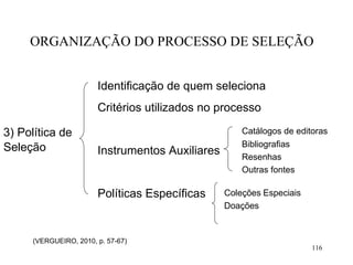 116
ORGANIZAÇÃO DO PROCESSO DE SELEÇÃO
3) Política de
Identificação de quem seleciona
Critérios utilizados no processo
Catálogos de editoras
Seleção Instrumentos Auxiliares
Bibliografias
Resenhas
Outras fontes
Políticas Específicas Coleções Especiais
Doações
(VERGUEIRO, 2010, p. 57-67)
 