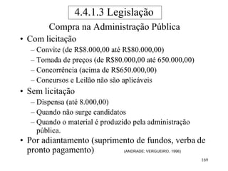 169
Compra na Administração Pública
• Com licitação
– Convite (de R$8.000,00 até R$80.000,00)
– Tomada de preços (de R$80.000,00 até 650.000,00)
– Concorrência (acima de R$650.000,00)
– Concursos e Leilão não são aplicáveis
• Sem licitação
– Dispensa (até 8.000,00)
– Quando não surge candidatos
– Quando o material é produzido pela administração
pública.
• Por adiantamento (suprimento de fundos, verba de
pronto pagamento) (ANDRADE; VERGUEIRO, 1996)
4.4.1.3 Legislação
 