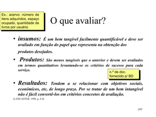 197
n.º de doc.
fornecido p/ BD
O que avaliar?
• insumos: É um bem tangível facilmente quantificável e deve ser
avaliado em função do papel que representa na obtenção dos
produtos desejados.
• Produtos: São menos tangíveis que o anterior e devem ser avaliados
em termos quantitativos levantando-se os critérios de sucesso para cada
serviço.
• Resultados: Tendem a se relacionar com objetivos sociais,
econômicos, etc, de longo prazo. Por se tratar de um bem intangível
não é fácil convertê-los em critérios concretos de avaliação.
(LANCASTER, 1996, p. 2-4)
Ex.: acervo: número de
itens adquiridos, espaço
ocupado, quantidade de
livros por usuário.
 