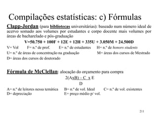 211
Compilações estatísticas: c) Fórmulas
Clapp-Jordan (para bibliotecas universitárias): baseado num número ideal de
acervo somado aos volumes por estudantes e corpo docente mais volumes por
áreas de bacharelado e pós-graduação
V=50.750 + 100F + 12E + 12H + 335U + 3.050M + 24.500D
V= Vol F= n.º de prof. E= n.º de estudantes H= n.º de honors students
U= n.º de áreas de concentração na graduação M= áreas dos cursos de Mestrado
D= áreas dos cursos de doutorado
Fórmula de McClellan: alocação do orçamento para compra
2(AxB) – C x E
D
A= n.º de leitores nessa temática B= n.º de vol. Ideal C= n.º de vol. existentes
D= depreciação E= preço médio p/ vol.
 