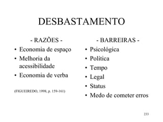 233
DESBASTAMENTO
- RAZÕES -
• Economia de espaço
• Melhoria da
acessibilidade
• Economia de verba
(FIGUEIREDO, 1998, p. 159-161)
- BARREIRAS -
• Psicológica
• Política
• Tempo
• Legal
• Status
• Medo de cometer erros
 