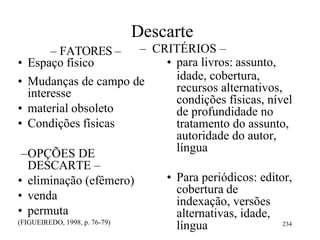 – FATORES –
• Espaço físico
Descarte
– CRITÉRIOS –
• para livros: assunto,
• Mudanças de campo de
interesse
• material obsoleto
• Condições físicas
–OPÇÕES DE
DESCARTE –
• eliminação (efêmero)
• venda
• permuta
idade, cobertura,
recursos alternativos,
condições físicas, nível
de profundidade no
tratamento do assunto,
autoridade do autor,
língua
• Para periódicos: editor,
cobertura de
indexação, versões
alternativas, idade,
(FIGUEIREDO, 1998, p. 76-79)
língua 234
 