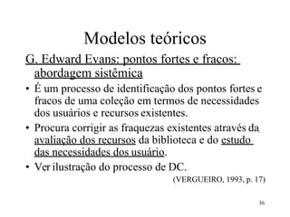 36
Modelos teóricos
G. Edward Evans: pontos fortes e fracos:
abordagem sistêmica
• É um processo de identificação dos pontos fortes e
fracos de uma coleção em termos de necessidades
dos usuários e recursos existentes.
• Procura corrigir as fraquezas existentes através da
avaliação dos recursos da biblioteca e do estudo
das necessidades dos usuário.
• Ver ilustração do processo de DC.
(VERGUEIRO, 1993, p. 17)
 