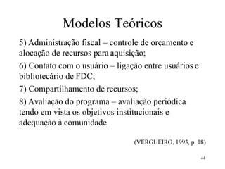 44
Modelos Teóricos
5) Administração fiscal – controle de orçamento e
alocação de recursos para aquisição;
6) Contato com o usuário – ligação entre usuários e
bibliotecário de FDC;
7) Compartilhamento de recursos;
8) Avaliação do programa – avaliação periódica
tendo em vista os objetivos institucionais e
adequação à comunidade.
(VERGUEIRO, 1993, p. 18)
 