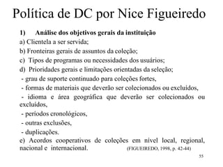 55
Política de DC por Nice Figueiredo
1) Análise dos objetivos gerais da instituição
a) Clientela a ser servida;
b) Fronteiras gerais de assuntos da coleção;
c) Tipos de programas ou necessidades dos usuários;
d) Prioridades gerais e limitações orientadas da seleção;
- grau de suporte continuado para coleções fortes,
- formas de materiais que deverão ser colecionados ou excluídos,
- idioma e área geográfica que deverão ser colecionados ou
excluídos,
- períodos cronológicos,
- outras exclusões,
- duplicações.
e) Acordos cooperativos de coleções em nível local, regional,
nacional e internacional. (FIGUEIREDO, 1998, p. 42-44)
 