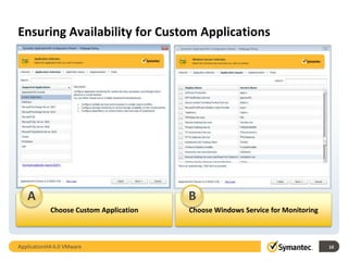 Ensuring Availability for Custom Applications




   A                                    B
            Choose Custom Application   Choose Windows Service for Monitoring



ApplicationHA 6.0 VMware                                                        10
 