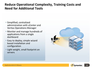 Reduce Operational Complexity, Training Costs and
Need for Additional Tools


 • Simplified, centralized
   administration with vCenter and
   Veritas Operations Manager
 • Monitor and manage hundreds of
   applications from a single
   dashboard
 • Easy to deploy, simple wizard
   based installation and
   configuration
 • Light weight, small footprint on
   servers



ApplicationHA 6.0 VMware                            18
 