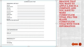 IMAGINE THAT
YOU WANT TO
APPLY A JOB IN A
COMPANY, AND
YOU HAVE TO
MAKE
CURRICULUM
VITAE, FILL THE
BLANK
CURRICULUM
VITAE WITH YOUR
INFORMATION.
 
