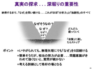 真実の探求 . . . 深堀りの重要性
納得するまで、「なぜ」を問い続ける . . . これがほぼ「分析力」と「独創性」のすべて



               なぜそうなの？
                  な ぜ？          どんどん
                   なぜ？          掘っていく
                   なぜ？
                   なぜ？
                                「岩盤」に達し
                                たらストップ


ポイント   いやがられても、無理矢理にでも「なぜ」を５回続ける
       簡単そうだが、相当の努力が必要 . . . 問題意識がき
        わめて強くないと、質問が続かない
       考える訓練として格好の場となる
                                           20
 