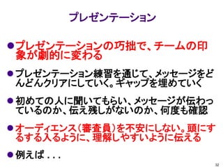 プレゼンテーション

プレゼンテーションの巧拙で、チームの印
 象が劇的に変わる
 プレゼンテーション練習を通じて、メッセージをど
  んどんクリアにしていく。ギャップを埋めていく
 初めての人に聞いてもらい、メッセージが伝わっ
  ているのか、伝え残しがないのか、何度も確認
 オーディエンス（審査員）を不安にしない。頭にす
  るする入るように、理解しやすいように伝える
 例えば . . .
                            32
 