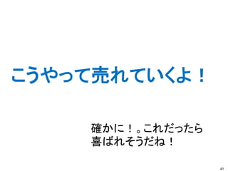 こうやって売れていくよ！

    確かに！。これだったら
    喜ばれそうだね！

                  41
 