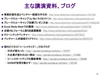 主な講演資料、ブログ
事業計画作成とベンチャー経営の手引き： http://www.slideshare.net/yujiakaba/ss-7021997
ブレークスルーキャンプ by IMJ ｷｯｸｵﾌｲﾍﾞﾝﾄ： http://www.slideshare.net/yujiakaba/by-imj
ブレークスルーキャンプ決勝プレゼン大会： http://www.slideshare.net/yujiakaba/2011-9466238
Social Media Weekでの講演： http://www.slideshare.net/yujiakaba/web-11542736
全国VBLフォーラム第5回基調講演： http://www.slideshare.net/yujiakaba/5vbl
クリーンテックベンチャー： http://www.slideshare.net/yujiakaba/ss-8973633
ベンチャー人材確保ガイドライン： http://www.slideshare.net/yujiakaba/ss-8854374


現代ビジネス「ソーシャライズ！」でのブログ
– 日本が変わった： http://gendai.ismedia.jp/articles/-/31677
– 大企業が変われない理由： http://gendai.ismedia.jp/articles/-/31888
– リーンスタートアップの最新事情： http://gendai.ismedia.jp/articles/-/32038
– SXSWが世界を動かす： http://gendai.ismedia.jp/articles/-/32138



                                                                            56
 