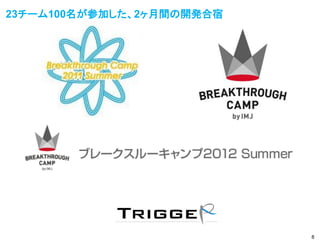 23チーム100名が参加した、2ヶ月間の開発合宿




                           8
 