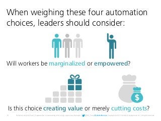 16 Deloitte University Press | 4 approaches to automating work using cognitive technologies | @DU_Press #DeloitteReview Copyright © 2015 Deloitte Development LLC. All rights reserved.
When weighing these four automation
choices, leaders should consider:
Will workers be marginalized or empowered?
Is this choice creating value or merely cutting costs?
 