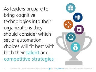 17 Deloitte University Press | 4 approaches to automating work using cognitive technologies | @DU_Press #DeloitteReview Copyright © 2015 Deloitte Development LLC. All rights reserved.
As leaders prepare to
bring cognitive
technologies into their
organizations they
should consider which
set of automation
choices will fit best with
both their talent and
competitive strategies
 