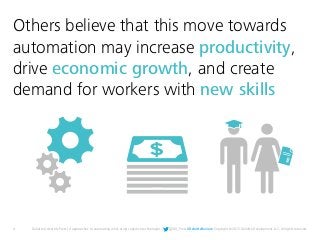 4 Deloitte University Press | 4 approaches to automating work using cognitive technologies | @DU_Press #DeloitteReview Copyright © 2015 Deloitte Development LLC. All rights reserved.
Others believe that this move towards
automation may increase productivity,
drive economic growth, and create
demand for workers with new skills
 
