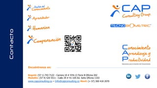 www.capconsulting.co
Duración
DURACIÓN DEL PROGRAMA DE APRENDIZAJE: Máximo Un (1) año, que varia de
acuerdo a la disposición de cada participante.
 Aprendizaje Individual: 80 Horas de tiempo autónomo del participante,
dedicadas al estudio de conceptos, marco legal y buenas prácticas, aportadas en
formatos físicos y/o digitales.
 Aprendizaje Virtual: Hasta 40 horas de Video Conferencia para acompañamiento
del facilitador en la solución de situaciones en entornos reales y refuerzo de los
temas aprendidos.
 Aprendizaje Social: Participación en las actividades diseñadas, dedicadas al
desarrollo de casos prácticos y socialización de experiencias de los participantes.
PROPUESTA DE VALOR: Nuestra promesa de valor se ha diseñado acorde a la
realidad empresarial:
 Brinda a los participantes argumentos válidos para sustentar de manera legal y
científica las decisiones que son tomadas frente a diferentes grupos de interés
(Trabajadores, Organización, Entes de Fiscalización).
 Los gerentes de compensación laboral asignarán condiciones salariales competitivas
y equitativas de manera estratégica, fortaleciendo el compromiso hacia el logro de
las metas colectivas.
 Se realiza un acompañamiento a los gerentes para la implementación práctica de
los contenidos del programa.
 Se facilita la integración, colaboración y participación de las áreas para tomar las
decisiones más acertadas.
 
