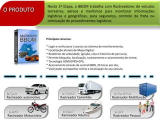 O PRODUTOO PRODUTO
Nesta 1ª Etapa, a BBOM trabalha com Rastreadores de veículos
terrestres, aéreos e marítimos para monitorar informações
logísticas e geográficas, para segurança, controle de frota ou
otimização de procedimentos logísticos
B-CARB-CAR
Rastreador automotivo
B-TRUCKB-TRUCK
Rastreador Caminhão
B-BOATB-BOAT
Rastreador Náutico
B-CONTROLB-CONTROL
Rastreador Multifunção
B-LIFEB-LIFE
Rastreador Pessoal
B-BIKEB-BIKE
Rastreador Motocicleta
Principais recursos:
* Login e senha para o acesso ao sistema de monitoramento;
* Localização através de Mapa Digital;
* Relatórios de velocidade, ignição, rota e histórico de percurso;
* Permite bloqueio, localização, rastreamento e acionamento de sirene;
* Tecnologia GSM/GPRS+GPS;
* Acionamento através de central 0800, 24 horas por dia;
* Você pode acompanhar online a localização do seu veículo.
 