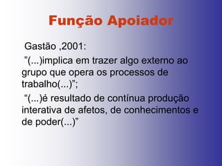 Função Apoiador
 Gastão ,2001:
 ”(...)implica em trazer algo externo ao
grupo que opera os processos de
trabalho(...)”;
 “(...)é resultado de contínua produção
interativa de afetos, de conhecimentos e
de poder(...)”
 