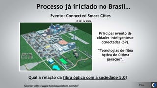 Pág.
Processo já iniciado no Brasil…
Source: http://www.furukawalatam.com/br/
Evento: Connected Smart Cities
Principal evento de
cidades inteligentes e
conectadas (SP).
“Tecnologias de fibra
óptica de última
geração”.
FURUKAWA
Qual a relação da fibra óptica com a sociedade 5.0?
 