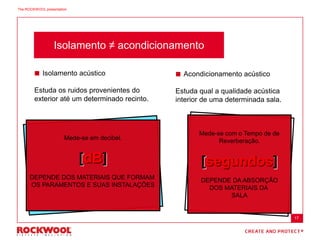 Mede-se com o Tempo de de
Reverberação.
[segundos]
DEPENDE DA ABSORÇÃO
DOS MATERIAIS DA
SALA
Mede-se em decibel.
[dB]
DEPENDE DOS MATERIAIS QUE FORMAM
OS PARAMENTOS E SUAS INSTALAÇÕES
 Isolamento acústico
Estuda os ruidos provenientes do
exterior até um determinado recinto.
 Acondicionamento acústico
Estuda qual a qualidade acústica
interior de uma determinada sala.
Isolamento ≠ acondicionamento
17
The ROCKWOOL presentation
 
