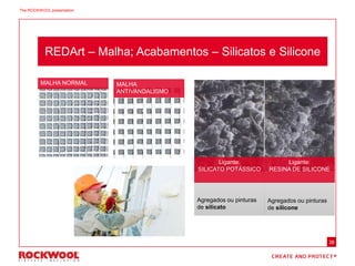38
MALHA
ANTIVANDALISMO
MALHA NORMAL
Ligante:
SILICATO POTÁSSICO
Agregados ou pinturas
de silicato
Ligante:
RESINA DE SILICONE
Agregados ou pinturas
de silicone
REDArt – Malha; Acabamentos – Silicatos e Silicone
The ROCKWOOL presentation
 