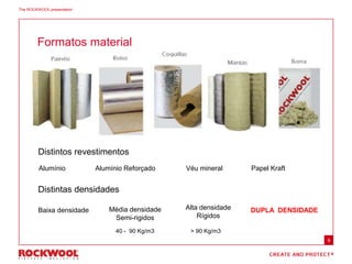 The ROCKWOOL presentation
9
Formatos material
Distintos revestimentos
Alumínio Véu mineral Papel KraftAlumínio Reforçado
Distintas densidades
Baixa densidade Alta densidade
Rígidos
DUPLA DENSIDADEMédia densidade
Semi-rigidos
> 90 Kg/m340 - 90 Kg/m3
 