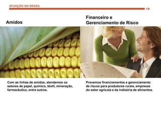 Amidos
Financeiro e
Gerenciamento de Risco
Com as linhas de amidos, atendemos os
setores de papel, químico, têxtil, mineração,
farmacêutico, entre outros.
Provemos financiamentos e gerenciamento
de riscos para produtores rurais, empresas
do setor agrícola e da indústria de alimentos.
ATUAÇÃO NO BRASIL
 