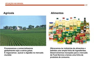 Agrícola Alimentos
Processamos e comercializamos
globalmente soja e outros grãos.
E negociamos açúcar e algodão no mercado
mundial.
Oferecemos às indústrias de alimentos e
bebidas uma ampla linha de ingredientes.
Desenvolvemos inovações para o mercado
de Food Service e temos uma linha de
produtos de consumo.
ATUAÇÃO NO BRASIL
 