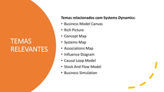 TEMAS
RELEVANTES
Temas relacionados com Systems Dynamics:
• Business Model Canvas
• Rich Picture
• Concept Map
• Systems Map
• Associations Map
• Influence Diagram
• Causal Loop Model
• Stock And Flow Model
• Business Simulation
 