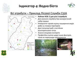 Індикатор 4: Водна біота
Всі атрибути – Приклад Лісової Служби США
• Рейтинг КСВ: 2 для усіх 3 атрибутів
• Для кожного атрибуту був використаний
набір правил
• Університет провів оцінку поширення видів
риби на лісових територіях
• Дані популяції риб з постійних
моніторингових точок
• Знання місцевих експертів
• Професійна оцінка щодо інших факторів,
таких як перешкоди проходження
 