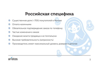 33
Российская специфика
 Существенная доля (~70%) покупателей в Москве
 Оплата наличными
 Обязательное подтверждение заказа по телефону
 Частые изменения в заказе
 Ожидание визита продавца а не почтальона
 Высокая требовательность (капризность)
 Производитель имеет максимальный уровень доверия в цепочке
 