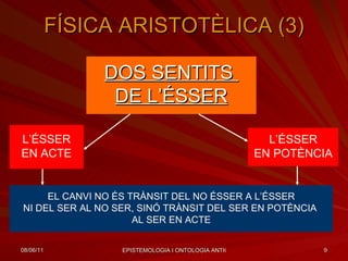 FÍSICA ARISTOTÈLICA (3) DOS SENTITS  DE L’ÉSSER L’ÉSSER EN ACTE L’ÉSSER EN POTÈNCIA EL CANVI NO ÉS TRÀNSIT DEL NO ÉSSER A L’ÉSSER NI DEL SER AL NO SER, SINÓ TRÀNSIT DEL SER EN POTÈNCIA  AL SER EN ACTE 