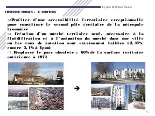 17
Le gare TER dans 10 ans
CONTEXTE URBAIN : LCONTEXTE URBAIN : L’ AMBITION’ AMBITION
⇒Prof i t er d’ une accessi bi l i t é f errovi ai re except i onnel l e
pour const i t uer l e second pôl e t ert i ai re de l a mét ropol e
l yonnai se
⇒ Créat i on d’ un marché t ert i ai re neuf , nécessai re à l a
f l ui di f i cat i on et à l ’ ani mat i on du marché dans une vi l l e
où l es t aux de rot at i on sont ext rêmement f ai bl es ( 2, 37%,
cont re 5, 1% à Lyon)
⇒ Rempl acer l e parc obsol èt e : 68% de l a surf ace t ert i ai re
ant éri eure à 1974

 