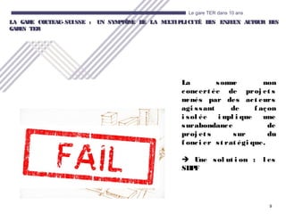 9
Le gare TER dans 10 ans
LA GARE COUTEAU- SUISSE : UN SYMPTÔME DE LA MULTIPLICITÉ DES ENJEUX AUTOUR DESLA GARE COUTEAU- SUISSE : UN SYMPTÔME DE LA MULTIPLICITÉ DES ENJEUX AUTOUR DES
GARES TERGARES TER
La somme non
concert ée de proj et s
menés par des act eurs
agi ssant de f açon
i sol ée i mpl i que une
surabondance de
proj et s sur du
f onci er st rat égi que.
 Une sol ut i on : l es
SDPF
 