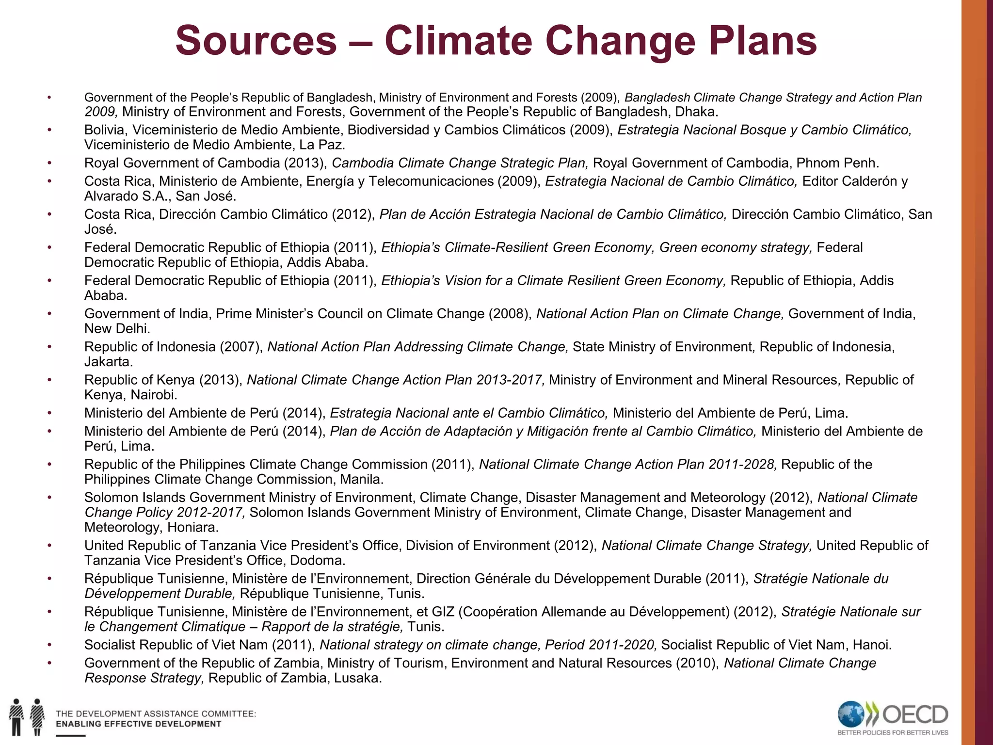 Sources – Climate Change Plans
• Government of the People’s Republic of Bangladesh, Ministry of Environment and Forests (2009), Bangladesh Climate Change Strategy and Action Plan
2009, Ministry of Environment and Forests, Government of the People’s Republic of Bangladesh, Dhaka.
• Bolivia, Viceministerio de Medio Ambiente, Biodiversidad y Cambios Climáticos (2009), Estrategia Nacional Bosque y Cambio Climático,
Viceministerio de Medio Ambiente, La Paz.
• Royal Government of Cambodia (2013), Cambodia Climate Change Strategic Plan, Royal Government of Cambodia, Phnom Penh.
• Costa Rica, Ministerio de Ambiente, Energía y Telecomunicaciones (2009), Estrategia Nacional de Cambio Climático, Editor Calderón y
Alvarado S.A., San José.
• Costa Rica, Dirección Cambio Climático (2012), Plan de Acción Estrategia Nacional de Cambio Climático, Dirección Cambio Climático, San
José.
• Federal Democratic Republic of Ethiopia (2011), Ethiopia’s Climate-Resilient Green Economy, Green economy strategy, Federal
Democratic Republic of Ethiopia, Addis Ababa.
• Federal Democratic Republic of Ethiopia (2011), Ethiopia’s Vision for a Climate Resilient Green Economy, Republic of Ethiopia, Addis
Ababa.
• Government of India, Prime Minister’s Council on Climate Change (2008), National Action Plan on Climate Change, Government of India,
New Delhi.
• Republic of Indonesia (2007), National Action Plan Addressing Climate Change, State Ministry of Environment, Republic of Indonesia,
Jakarta.
• Republic of Kenya (2013), National Climate Change Action Plan 2013-2017, Ministry of Environment and Mineral Resources, Republic of
Kenya, Nairobi.
• Ministerio del Ambiente de Perú (2014), Estrategia Nacional ante el Cambio Climático, Ministerio del Ambiente de Perú, Lima.
• Ministerio del Ambiente de Perú (2014), Plan de Acción de Adaptación y Mitigación frente al Cambio Climático, Ministerio del Ambiente de
Perú, Lima.
• Republic of the Philippines Climate Change Commission (2011), National Climate Change Action Plan 2011-2028, Republic of the
Philippines Climate Change Commission, Manila.
• Solomon Islands Government Ministry of Environment, Climate Change, Disaster Management and Meteorology (2012), National Climate
Change Policy 2012-2017, Solomon Islands Government Ministry of Environment, Climate Change, Disaster Management and
Meteorology, Honiara.
• United Republic of Tanzania Vice President’s Office, Division of Environment (2012), National Climate Change Strategy, United Republic of
Tanzania Vice President’s Office, Dodoma.
• République Tunisienne, Ministère de l’Environnement, Direction Générale du Développement Durable (2011), Stratégie Nationale du
Développement Durable, République Tunisienne, Tunis.
• République Tunisienne, Ministère de l’Environnement, et GIZ (Coopération Allemande au Développement) (2012), Stratégie Nationale sur
le Changement Climatique – Rapport de la stratégie, Tunis.
• Socialist Republic of Viet Nam (2011), National strategy on climate change, Period 2011-2020, Socialist Republic of Viet Nam, Hanoi.
• Government of the Republic of Zambia, Ministry of Tourism, Environment and Natural Resources (2010), National Climate Change
Response Strategy, Republic of Zambia, Lusaka.
 
