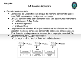 Postgrado
1.3. Estructura de Memoria
 Estructuras de memoria
 La instancia de Oracle tiene un bloque de memoria comparti...