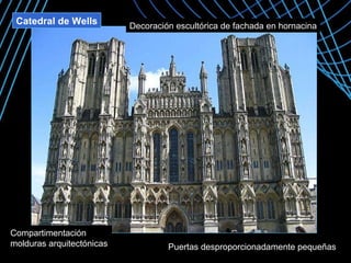 Catedral de Wells Decoración escultórica de fachada en hornacina Puertas desproporcionadamente pequeñas Compartimentación molduras arquitectónicas