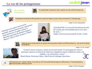 La voz de los protagonistas
“Participar en Conecta Joven me ha
aportado, satisfacción personal, experiencia
como profesora y el poder conocer a
diferentes personas de distintos lugares.”
Marta.G. IES La Sisla, Sonseca .Toledo.
@e_inclusion
#conectajoven
“@AndreaFilth: Si es que #ConectaJoven ha sido
de lo mejor que me ha podido pasar en la vida....
En serio...”.
Andrea. Servicio de juventud de Avilés. Avilés.
“Conocer nuevas visiones y estilos me ha emocionado. Ya tenía ganas de volver a
participar y gracias al esfuerzo de todos mis compañeros nuestra entidad ha vuelto a las
andadas, y no volveremos a irnos!”.
Daniel Durán. Diversitat Lúdica. Sant Feliu de Llobregat. Barcelona.
 
