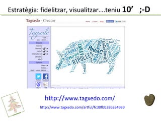 AnnaC AnnaV INGA Laura
LauraY MIQUEL Mireia PATRICIA
LaCerdanya CTJGirona GOMBREN
CAMPDEVANOL RIBES DE FRESER
CAMPELLES PLANOLES
TOSES QUERALBS PARDINES
PUIGCERDA
Piugcerda
Ripoll
Ripolles
VALLDELTER
http://www.tagxedo.com/
Estratègia: fidelitzar, visualitzar….teniu 10’ ;-D
http://www.tagxedo.com/artful/fc30fbb2862e49e9
 